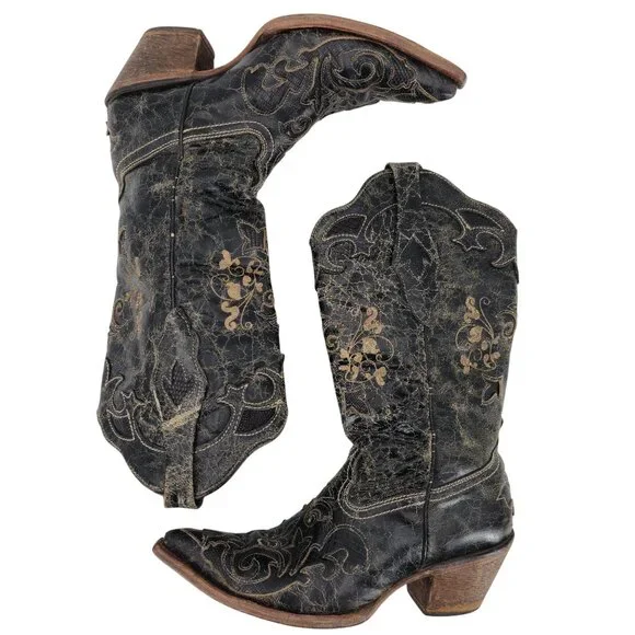 Corral Vintage Womens Size 6.5M Black Leather Cowboy Cowgirl Western Boots C2108